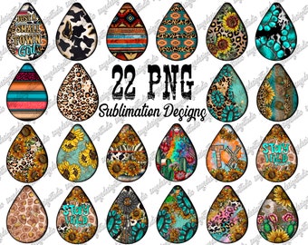 May include: Twenty-two sublimation designs in a teardrop shape. The designs feature various patterns, including animal print, floral, and geometric designs. The designs are in a variety of colors, including turquoise, brown, yellow, and pink.