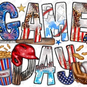 May include: A colorful graphic design with the words "GAME DAY" in a red, white, and blue color scheme. The letters are decorated with baseball stitching, fireworks, and stars. There is a baseball glove, a baseball, a baseball bat, a container of peanuts, and a baseball helmet.