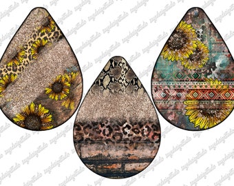 May include: Three teardrop-shaped digital designs featuring a variety of patterns. The first design has a brown and tan glitter background with a leopard print, wood grain, and sunflowers. The second design has a brown and tan glitter background with a snake skin pattern, wood grain, and leopard print. The third design has a blue, green, and red background with a geometric pattern, wood grain, and sunflowers.