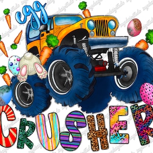 May include: A yellow monster truck with blue tires and a bunny rabbit holding carrots. The truck is driving over the word "CRUSHER" which is made up of colorful letters with different patterns.