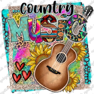 Country Music Png, Western, Sunflower, Music Design, Guitar Png, Country, Gemstone Turquoise, Leopard, Digital Download, Sublimation Design