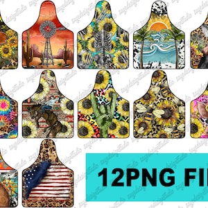 May include: Twelve digital images of different designs for ear tags. The designs include a rooster, a cow, a pig, a sunflower, a bee, a sunset, a tie-dye pattern, and an American flag. The images are all in a bright, colorful style.