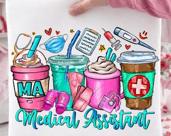 Medical Assistant Coffee Cups PNG, Floral MA Sublimation Design (Digital Download)