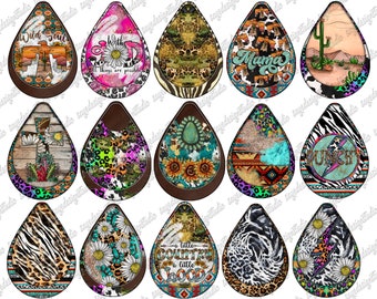 May include: Twelve colorful teardrop-shaped digital designs featuring various patterns and text. The designs include animal prints, floral patterns, and inspirational quotes. The designs are perfect for crafting projects, such as earrings, keychains, and phone cases.