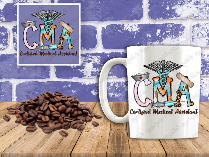 May include: White ceramic coffee mug with a colorful graphic of a medical symbol, a stethoscope, and the letters CMA, which stand for Certified Medical Assistant. The letters are decorated with a variety of patterns, including a blue and orange watercolor design, a leopard print, and a bandage.