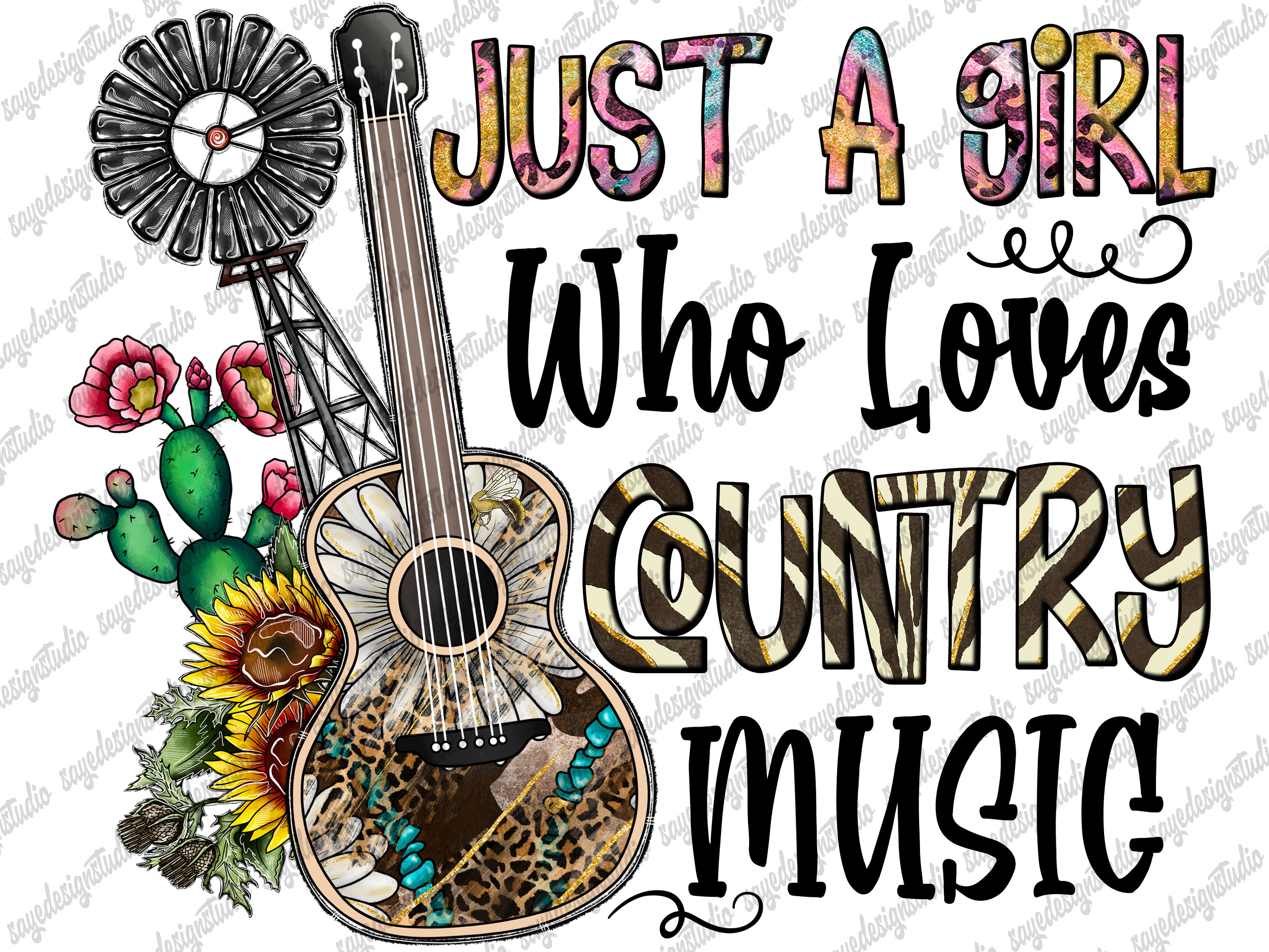 Country Music Girl PNG: Western Guitar, Cactus, Windmill (digital