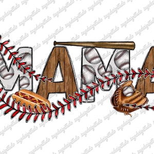 May include: A baseball-themed graphic with the word "MAMA" in large, wooden letters. The letters are surrounded by red and white baseball stitching, baseballs, and a baseball glove. A hot dog is also included in the design.