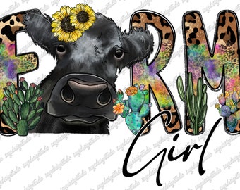 Farm Girl Cow PNG: Western Cactus Sublimation Design (Digital Download)
