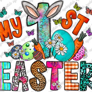 May include: A colourful graphic design with the text "My 1st Easter" in orange and white. The design features a bunny with a blue and green leopard print, a carrot, and Easter eggs with floral and geometric patterns.