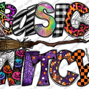 Peut inclure: Un design graphique coloré avec le texte "Basic Witch" dans une variété de motifs sur le thème d'Halloween, y compris des toiles d'araignées, des citrouilles, des bonbons au maïs et des imprimés léopard.