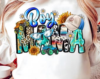 May include: White sweatshirt with the words "Boy Mama" in a colorful design. The design includes sunflowers, monster trucks, a baseball cap, and eyeglasses. The letters have various patterns, including leopard print and turquoise marble.