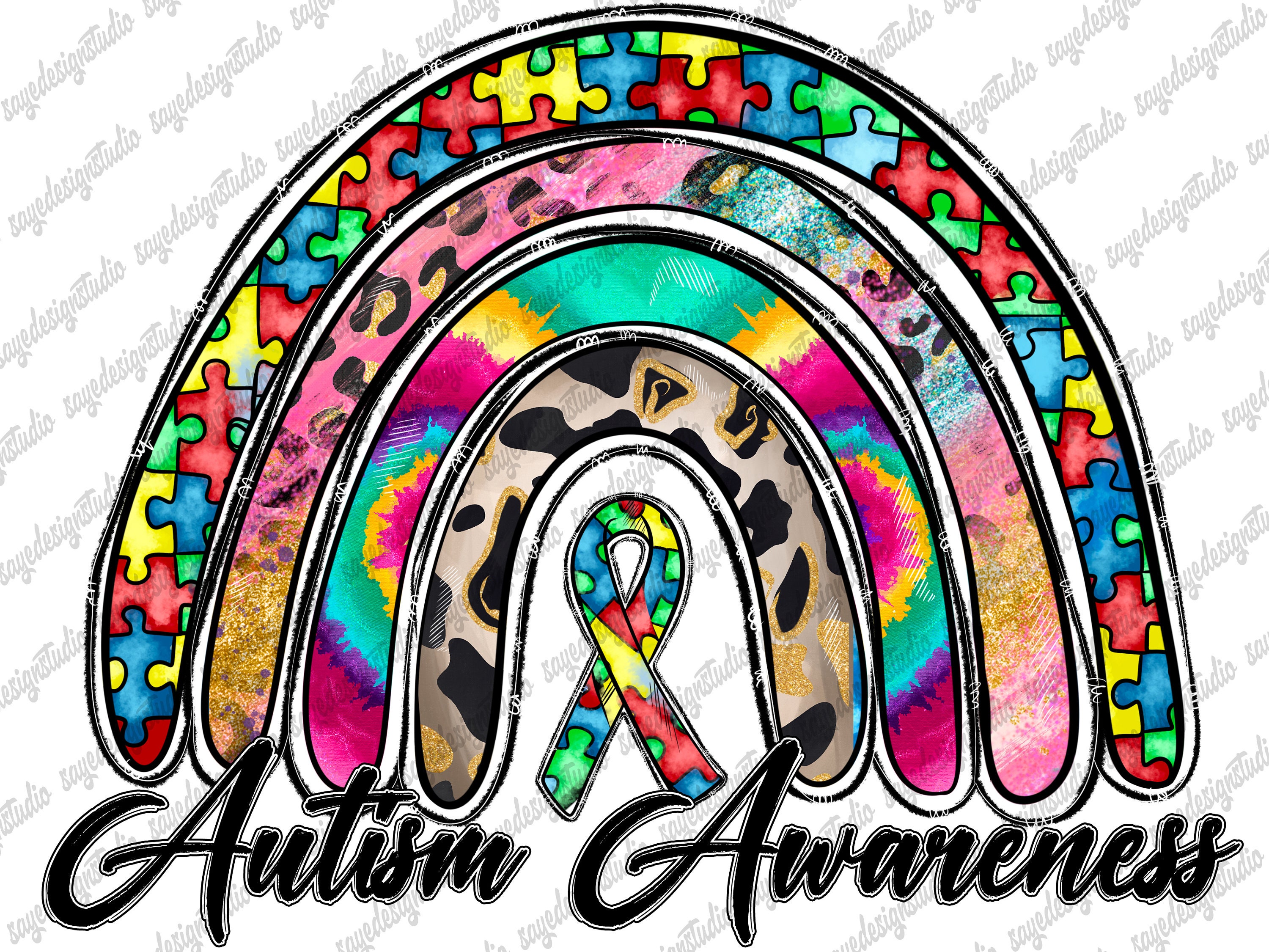 Rainbow Autism Awareness PNG: Brushstrokes Sublimation Design (digital ...