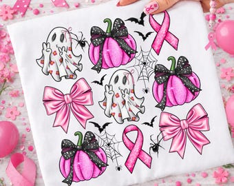 Pink Ribbon Ghost Pumpkin Halloween PNG, Cancer Awareness Digital Download