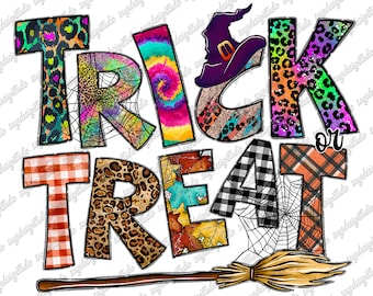 Trick Or Treat Halloween PNG: Witch Broom, Spider Web (Digital Download)