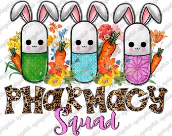 Puede incluir: Tres conejos de dibujos animados vestidos como píldoras con acentos florales y el texto "Pharmacy Squad" en estampado de leopardo y letras rosas.
