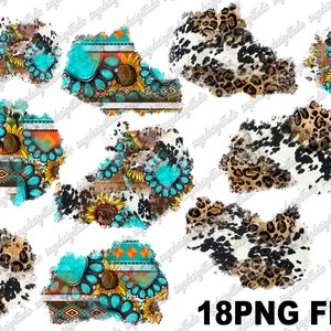 May include: A set of 18 digital scrapbook paper designs featuring a variety of patterns, including turquoise and brown geometric designs, cowhide, and leopard print. The designs are distressed and have a rustic feel.