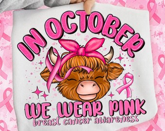 Highland Cow PNG, Breast Cancer Awareness, October Pink Ribbon Design (Digital Download)