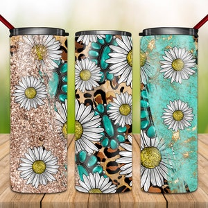 Western Tumbler Png, 20oz Skinny Tumbler, Daisy, Flower, Leopard,Gemstone Turquoise, Country Design, Glitter, Tumbler Sublimation Designs