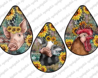 Farm Animal Teardrop Earrings PNG: Cow, Pig, Rooster (Digital File)