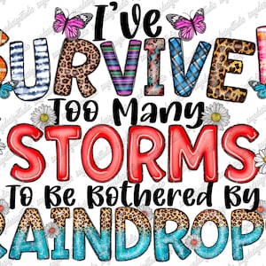 May include: A colorful graphic design with the text "I've Survived Too Many Storms To Be Bothered By Raindrops". The text is in a variety of fonts and colors, with a leopard print background.
