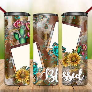 Blessed Tumbler Png, Photo Tumbler, 20oz Skinny Tumbler Sublimation Designs, Cactus, Cowhide Tumbler Png, Tumbler Sublimation Designs