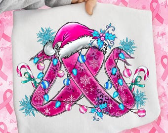 Christmas Pink Ribbon PNG, Breast Cancer Awareness Sublimation Design (Digital Download)