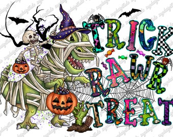 Trick Rawr Treat PNG: Halloween Rex, Bat, Spooky Design (Digital Download)