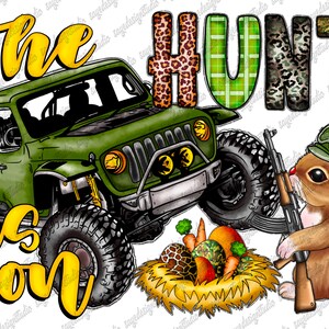 May include: A green Jeep with the words "The Hunt is On" in yellow letters. The Jeep is driving through a field of grass and flowers. A brown rabbit with a green hat and a gun is standing in the foreground.