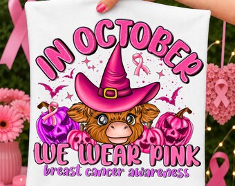 Highland Cow Breast Cancer Awareness PNG, October Wear Pink Design (Digital Download)