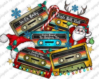 Retro Christmas Cassette Tapes PNG: Western Santa Sublimation (Digital Download)