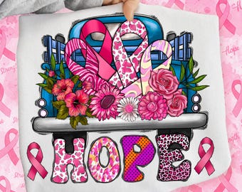 Breast Cancer Hope PNG, Pink Ribbon Vintage Truck Sublimation Design (Digital Download)