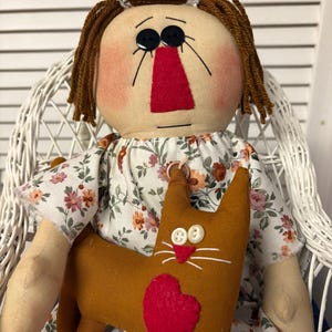 Primitive Raggedy Ann and her pet Kitty - Handmade Rag Doll - Free Shipping
