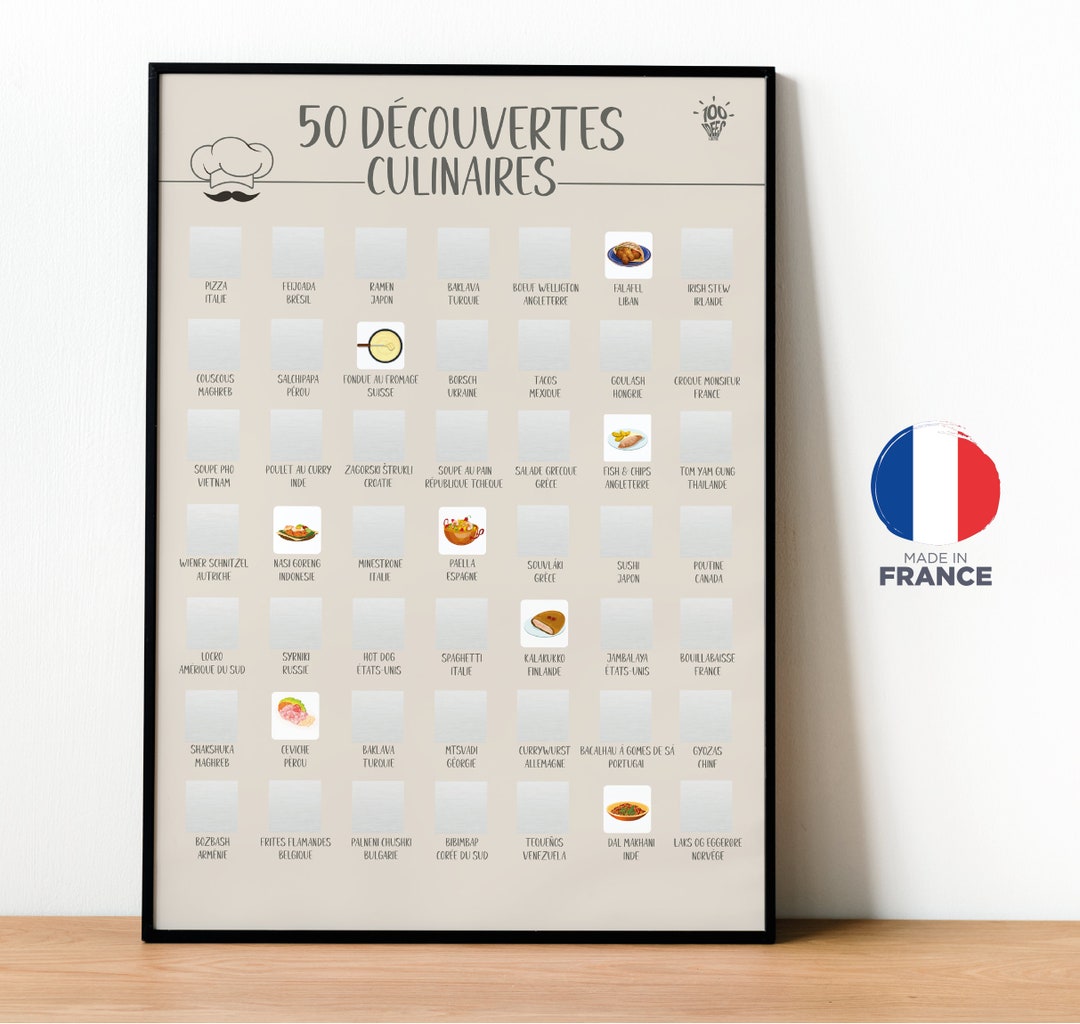 Poster à Gratter 100 Plats à Goûter - Affiche 70x50 Cm, Illustrations Gastronomiques, Papier PEFC | Idée Cadeau Gourmand Fabriqué En France