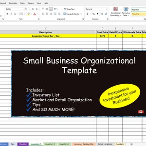 Peut inclure: Un modèle de feuille de calcul pour les petites entreprises, avec un fond noir et du texte jaune qui indique "Modèle d'organisation pour les petites entreprises". Le modèle comprend des sections pour la liste des stocks, l'organisation du marché et de la vente au détail, des conseils et plus encore. La feuille de calcul est étiquetée avec des en-têtes tels que "Numéro de produit", "Description", "Prix de revient", "Prix de vente au détail", "Prix de gros", "Date de fabrication" et "Quantité".