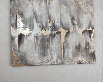 Gold, grey, large painting, abstract, wall art, living room, canvas, texture painting, home decoration, metallic painting, made to order