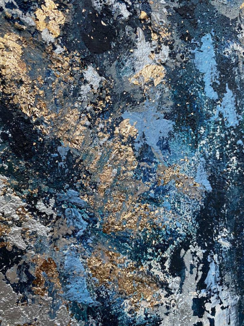 May include: Abstract painting with a textured surface. The painting features shades of blue, silver, and gold.
