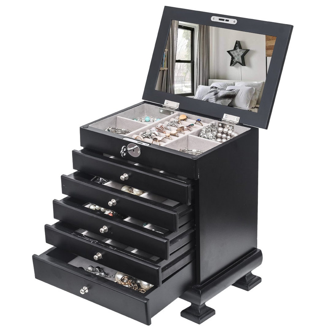 Wooden Jewelry Box, Jewelry Organizer With Ring Cushions, Earring