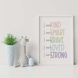 Affirmations for Kids, I am smart kind, Rainbow Affirmations Print, Inspirational Nursery Decor, printable Wall Art, Art for kids hub, kids