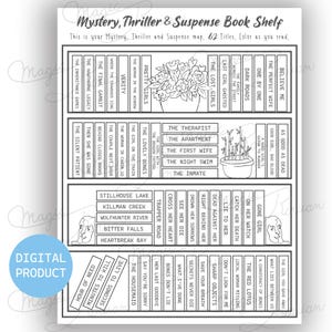 Mystery Thriller Bookshelf Tracker, Printable Reading Map (Digital Download)