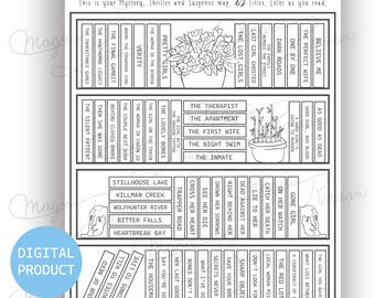 Mystery Thriller Bookshelf Tracker, Printable Reading Map (Digital Download)