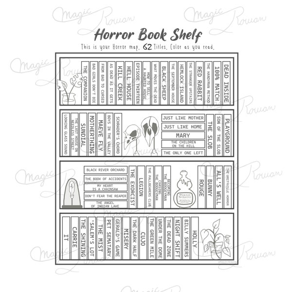 Horror Bookshelf, digital print, book spreadsheet; book tracker; book journal; reader gift; reading tracker; reading guide; book worm