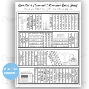 May include: Black and white digital print of a bookshelf titled "Monster & Humanoid Romance Book Shelf." The shelf is filled with book titles, including "Sirein" and "The Kraken's Mate." The text "Digital Product" is also visible.