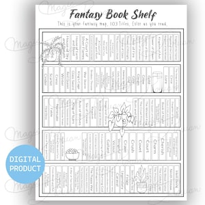 May include: A black and white printable tracker titled Fantasy Book Shelf, featuring 103 book titles arranged on five shelves. The design includes line art illustrations of potted plants and a glass, intended for coloring as books are read.