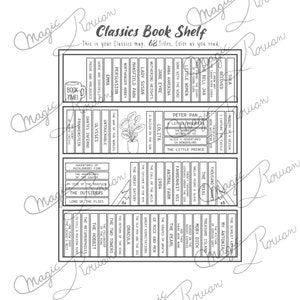 Étagère à livres sur les classiques de l'impression numérique, agenda de lecture, suiveur de livre, carte du livre, étagère, cadeaux livresques, jane austen, suiveur de lecture,