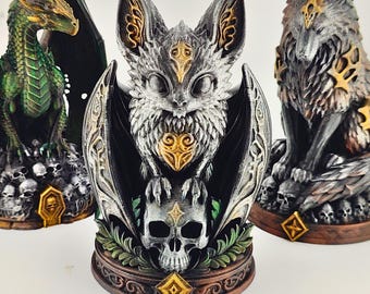 Necro Bat — Hand-Painted Metaphysical Statue, Silver-Gray & Gold