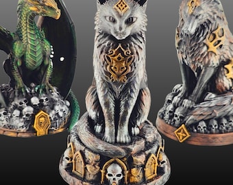 Necro Cat — Hand-Painted Metaphysical Statue, Silver-Gray & Gold