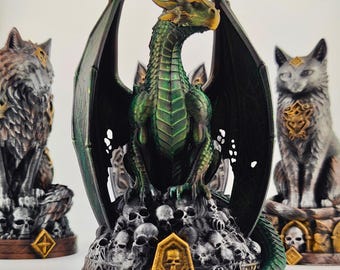 Necro Dragon — Hand-Painted Metaphysical Statue, Dark Green & Gold