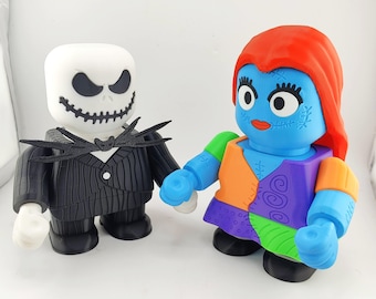 Chibi Chonks Sally and Jack Figures | 6.5 Inch Chunky Chibi Halloween Collectibles | Articulated Gothic Desk Decor