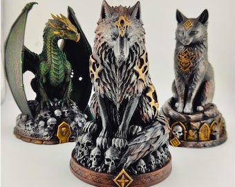 Necro Wolf — Hand-Painted Metaphysical Statue, Silver-Gray & Gold