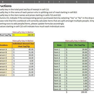 May include: A spreadsheet detailing instructions and a table for calculating shared meal expenses. The table includes columns for attendees, item prices, and individual amounts due. The total post tax/tip is £192.00.